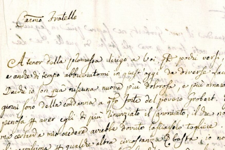 Detail of a letter by Giuseppe Mancini to his brother during his detention in the Fenestrelle prison - document preserved in the Historical Archives of the Jesuit Euro-Mediterranean Province in Rome