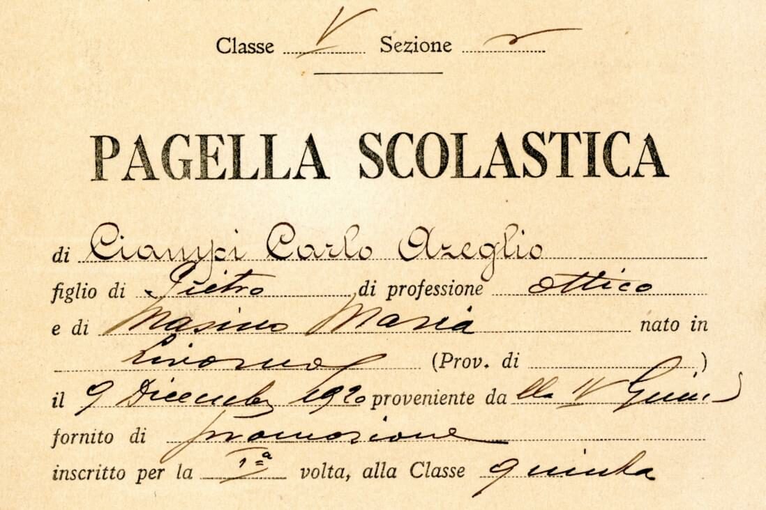 Detail of the school report card of Carlo Azeglio Ciampi, former pupil of the Jesuit college San Francesco Saverio in Livorno - document preserved in the Historical Archives of the Jesuit Euro-Mediterranean Province in Rome