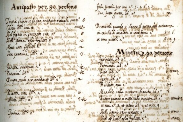 Page containing recipes and ingredients from a 16th century register of the Jesuit novitiate at Sant'Andrea al Quirinale - document preserved in the Historical Archives of the Jesuit Euro-Mediterranean Province in Rome