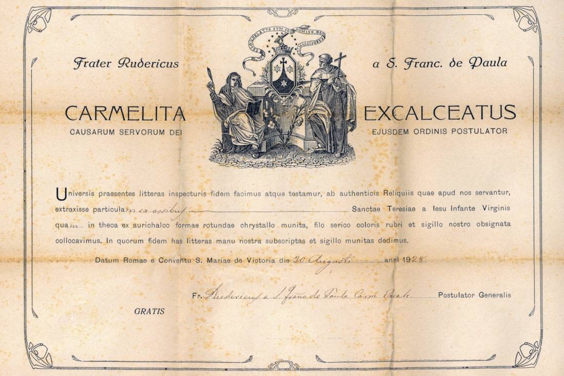 Certificazione della reliquia di Santa Teresa - Archivio Storico - Gesuiti, Provincia Euro-Mediterranea