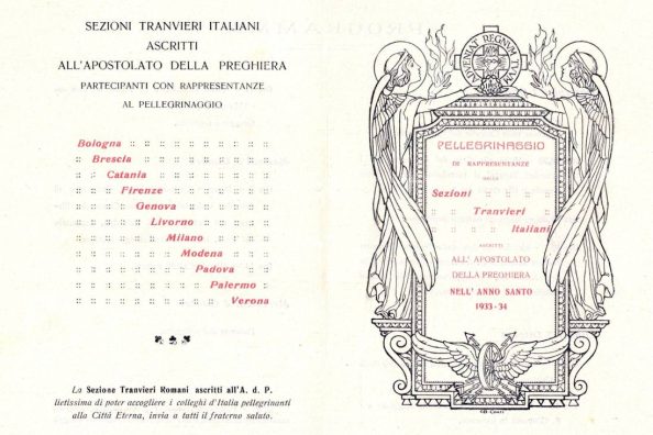 Volantino di pellegrinaggio delle Sezioni Tranvieri Italiani iscritti all'Apostolato della Preghiera - Archivio Storico - Gesuiti, Provincia Euro-Mediterranea