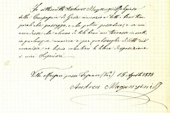 Dettaglio della rinuncia dei beni firmata dal gesuita Andrea Maganzini - Archivio Storico - Gesuiti, Provincia Euro-Mediterranea