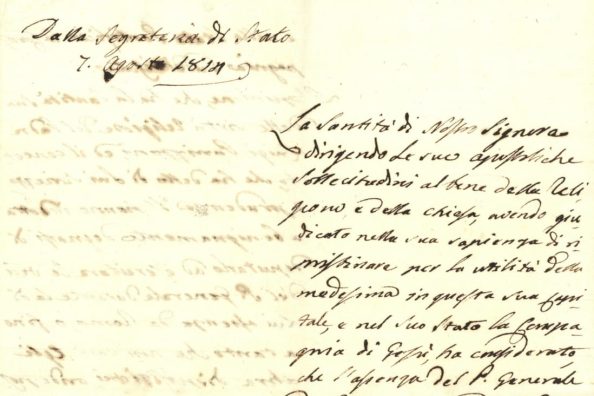 Documento della Segreteria di Stato del 7 agosto 1814 sull'organizzazione della Compagnia in occasione della ricostituzione.