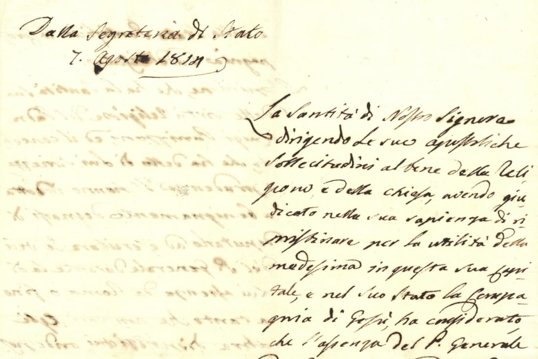 Documento della Segreteria di Stato del 7 agosto 1814 sull'organizzazione della Compagnia in occasione della ricostituzione.
