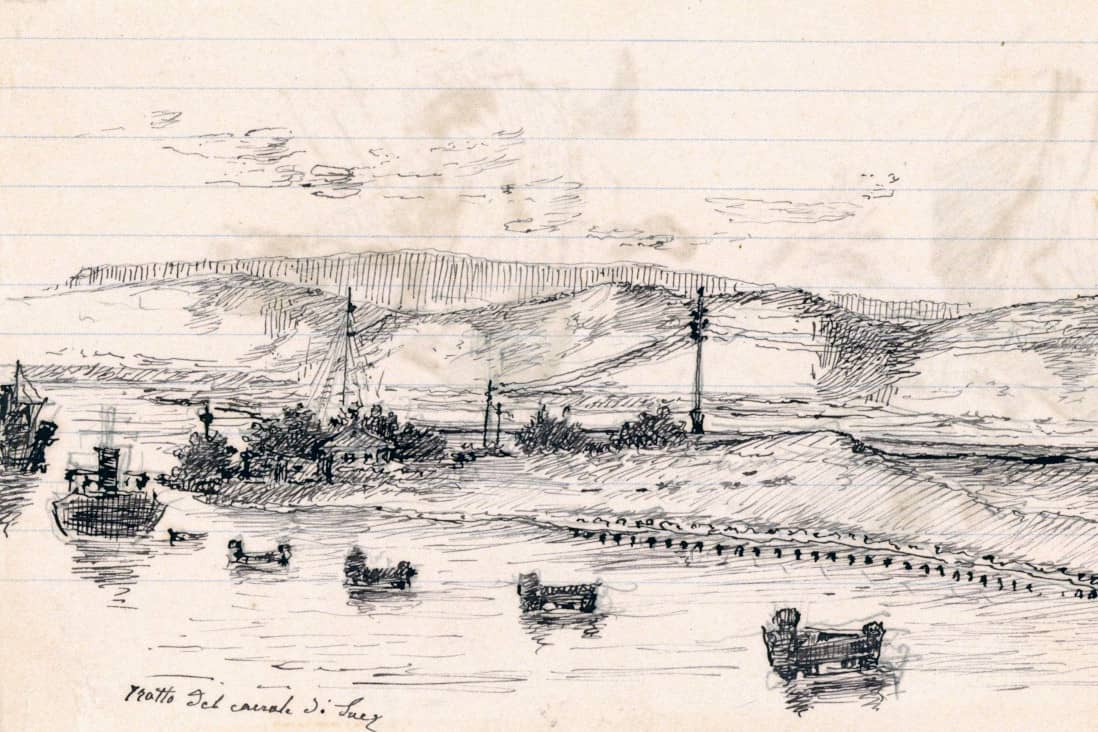 A view of the Suez Canal in a drawing by the Jesuit Francesco Tovini SJ - Historical Archives - Jesuits, Euro-Mediterranean Province